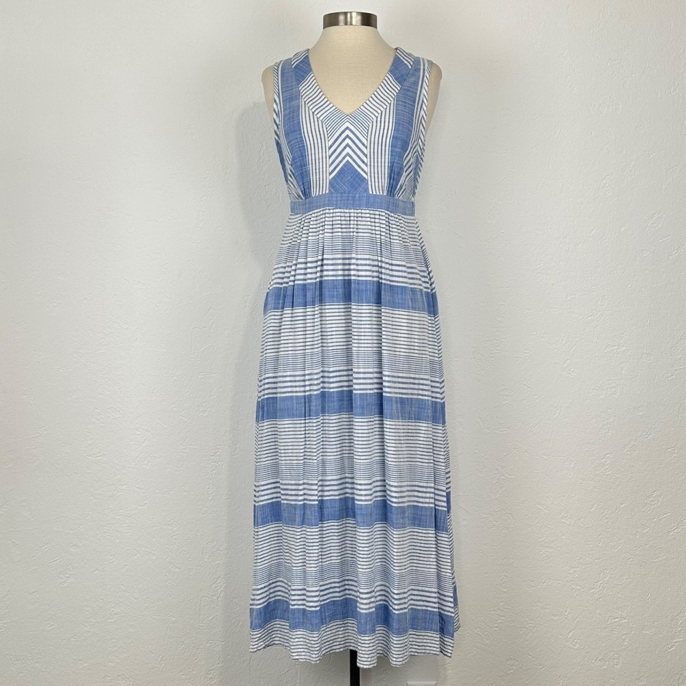 Womens Coastal Nautical Resort Dress Sz Small Striped Sleeveless Pockets V-Neck